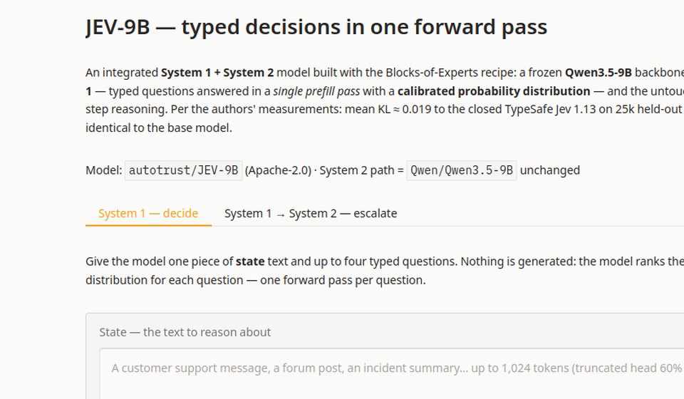 Screenshot of the JEV-9B · System 1 + 2 demo